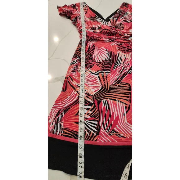 Sandra Darren 14P Petite Tropical Print Wrap Dress Pink Coral V-Neck Flutter - Picture 8 of 12